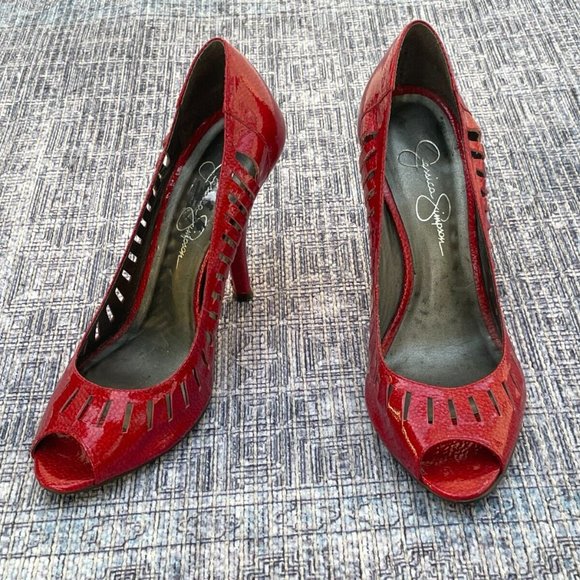 Jessica Simpson Women Heel Red Leather Upper Shoes Open Toe Pump Size 37 6.5US - Picture 5 of 11